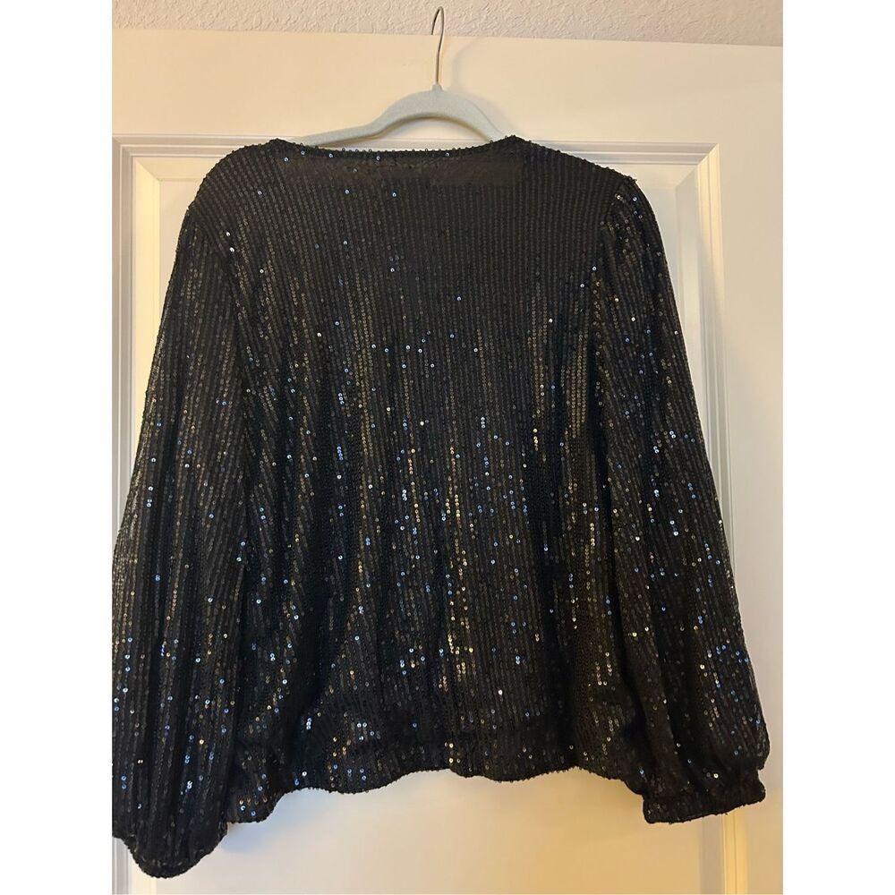 NEW Elegant Sequin Sheer Long Sleeve V Neck Slim Fit Top S - Picture 2 of 4